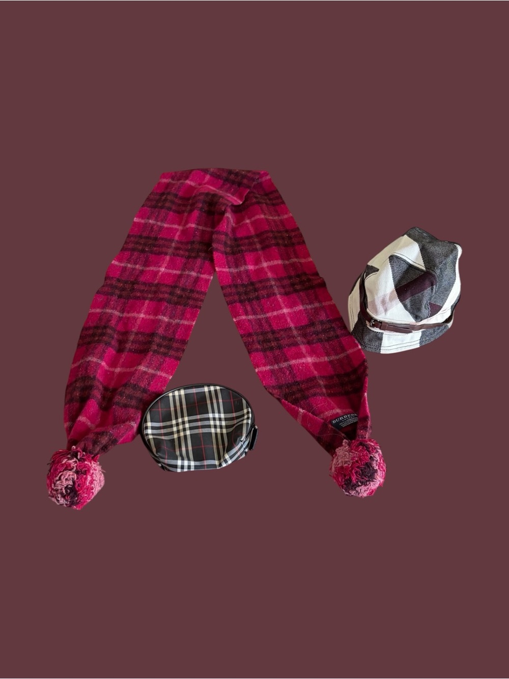 Burberry Pink Plaid Pom-Pom Scarf with Matching Accessories